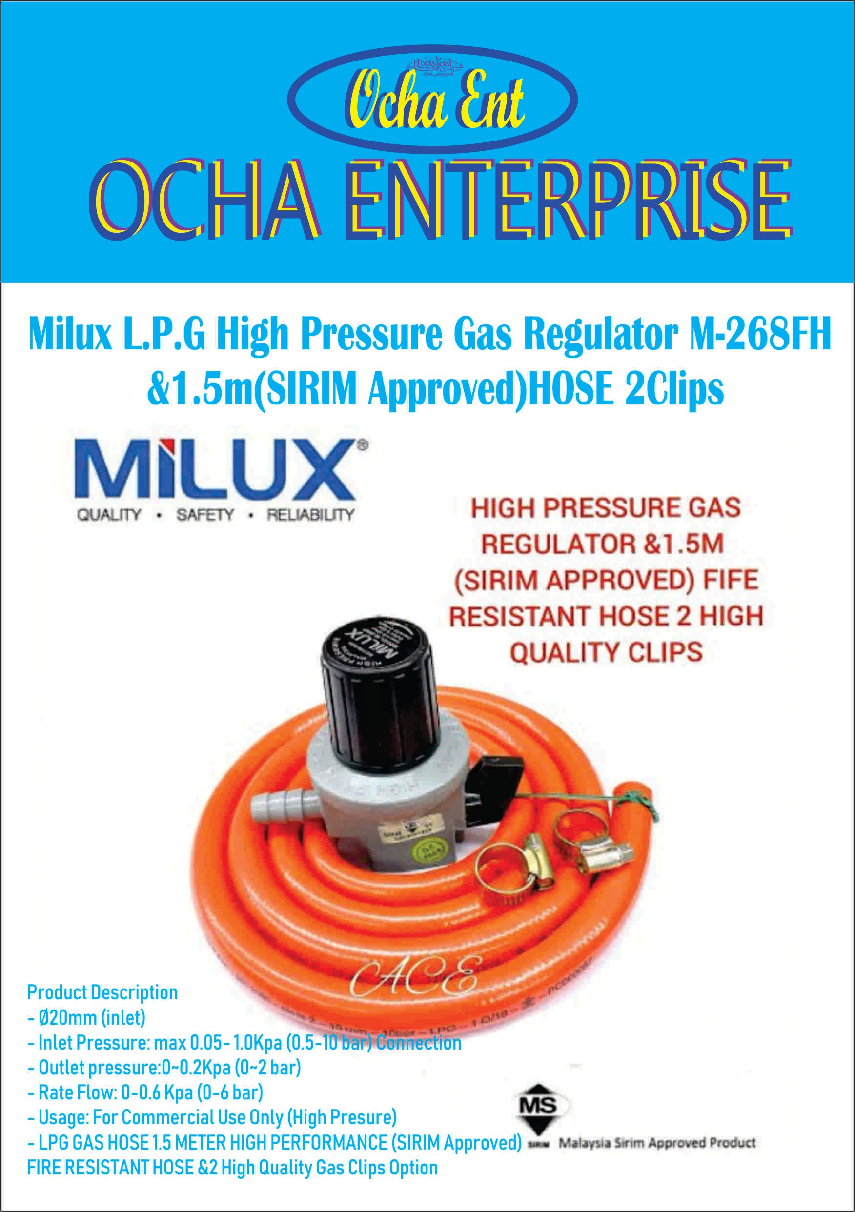 Milux L.P.G High Pressure Gas Regulator M-268FH &1.5m