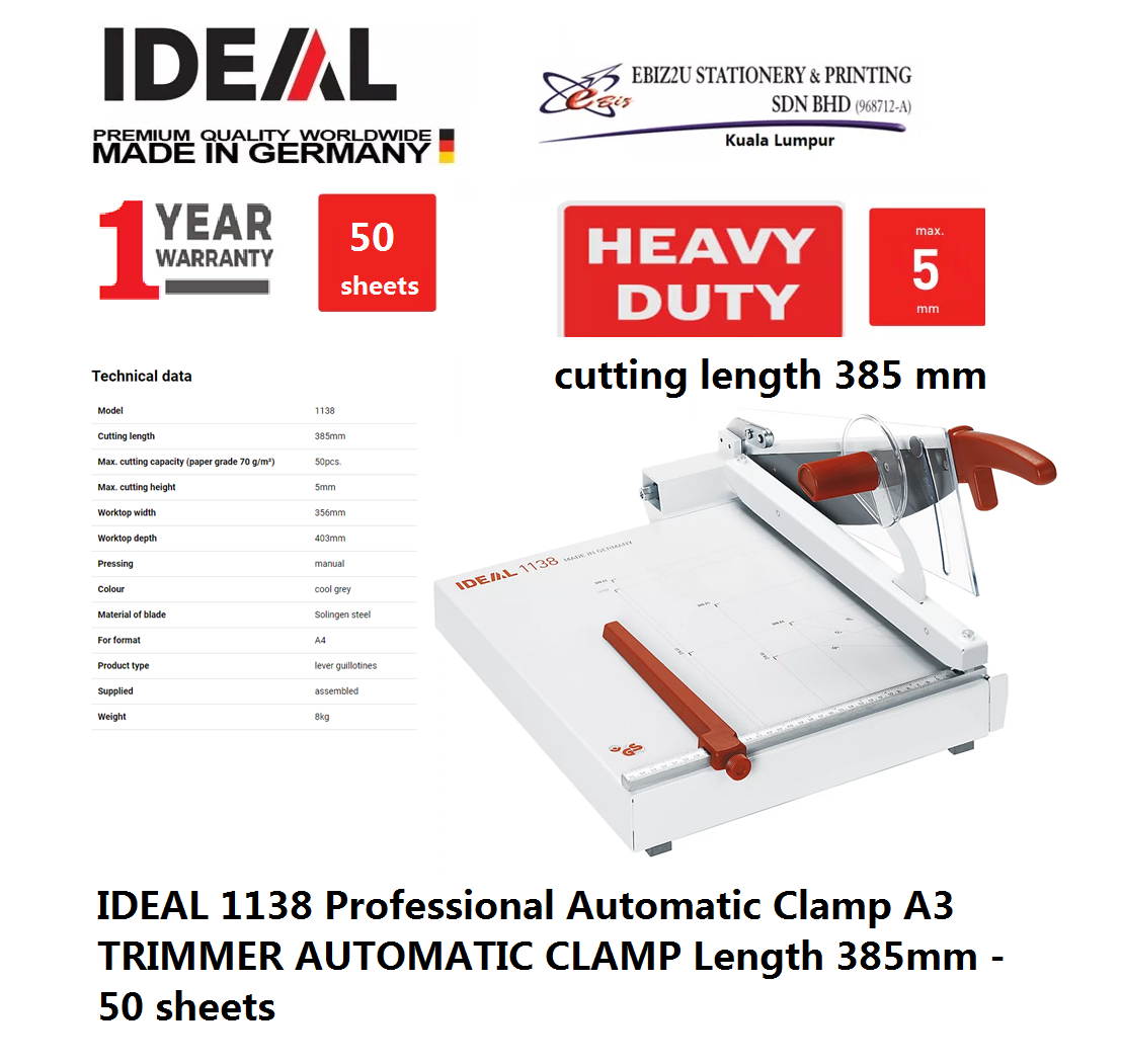IDEAL 1138 Professional Automatic Clamp A3 TRIMMER AUTOMATIC CLAMP Length 385mm - 50 sheets (Pemotong Kertas, Paper Cutter, Paper Cutter, Paper Trimmer, Heavy Duty Cutter, A4 paper cutter, A3 paper cutter)