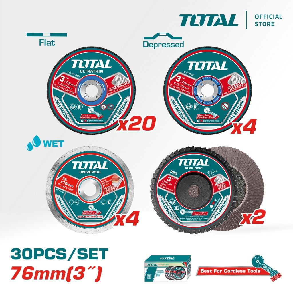 TOTAL CUTTING & GRINDING DISC SET (3"/30 PCS) + CUTTING & GRINDING DISC + FLAP DISC FOR CORDLESS ANGLE GRINDER TAC97630