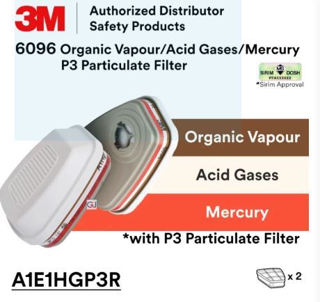3M 6096 Organic Vapour & Acid Gases & Mercury & P3 Particulate Filter / A1E1HGP3R / CE & SIRIM