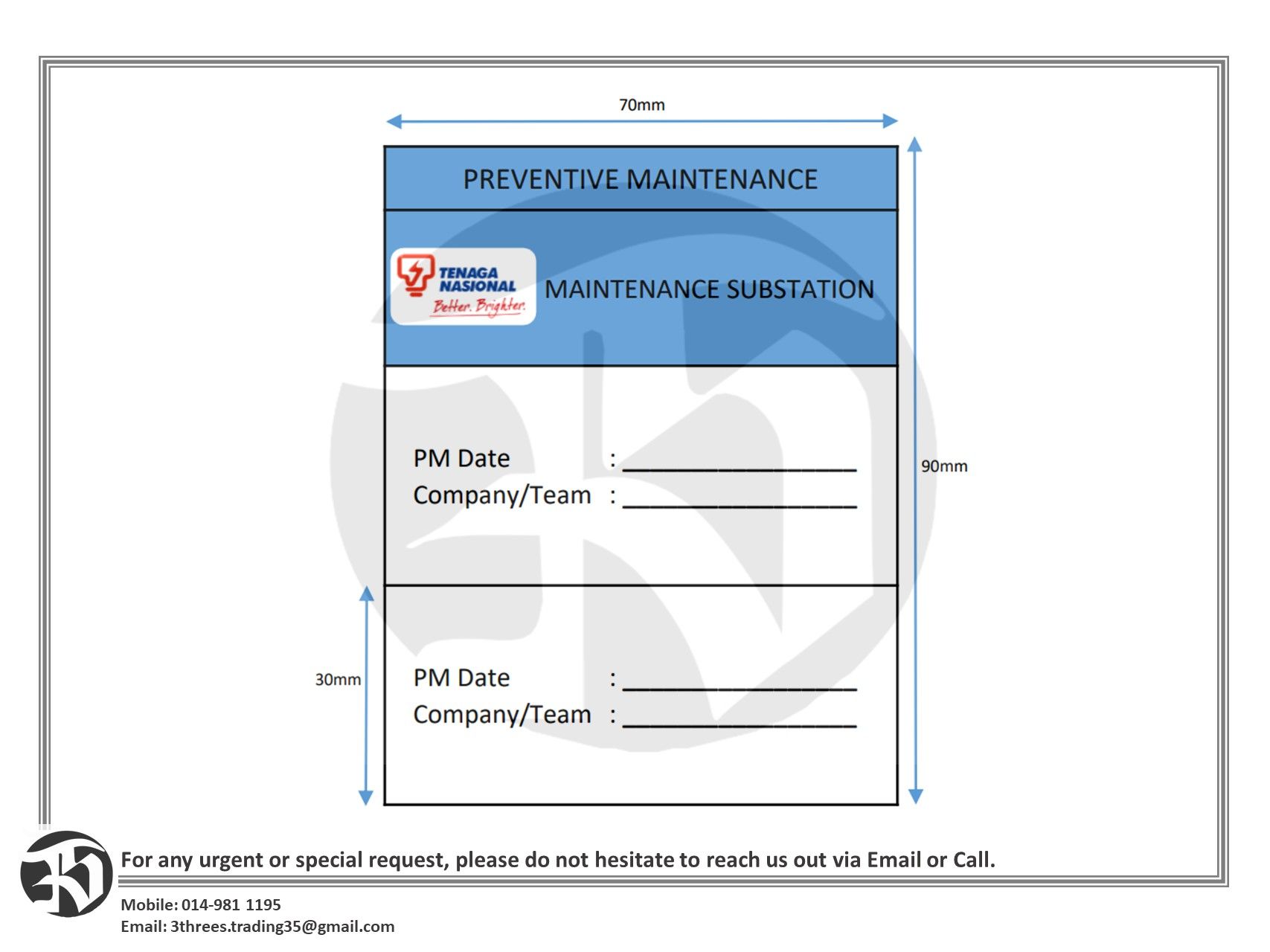 TNB Custom Sticker 70mm x 90mm (Preventive Maintenance)