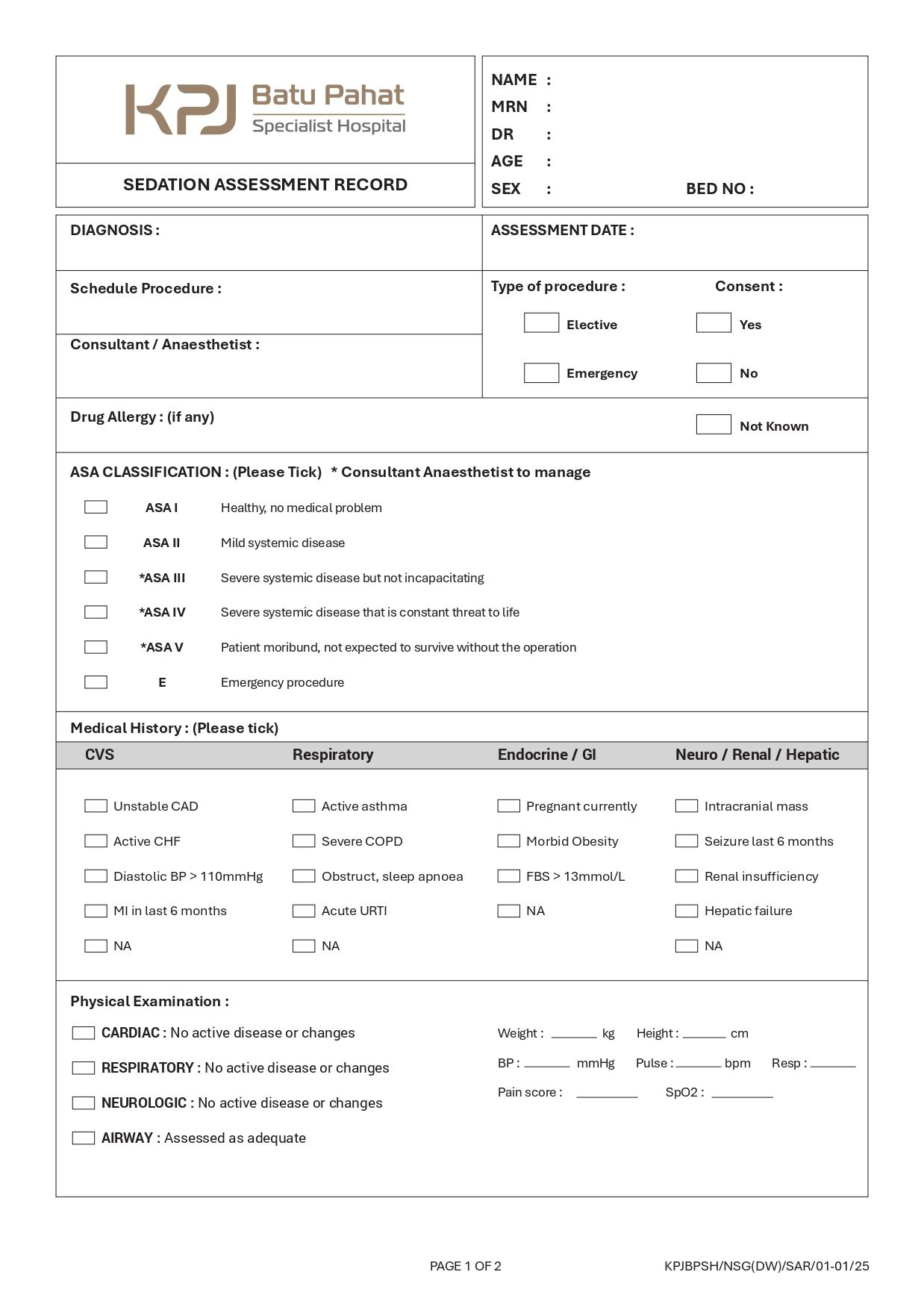 Sedation Assessment Record