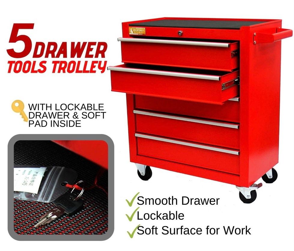 QS 5 DRAWER TOOL TROLLEY With Single Lockable Drawer Storage