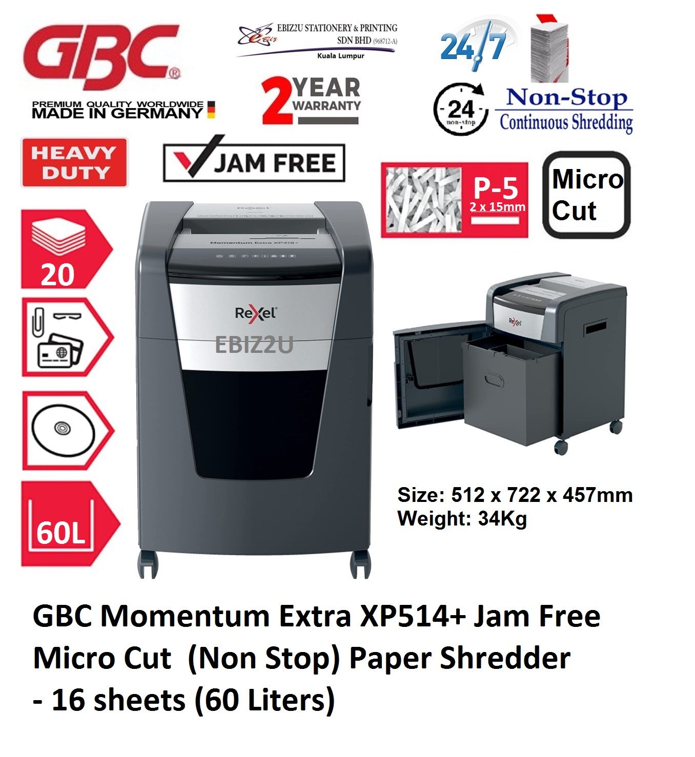 GBC Momentum Extra XP514+ Jam Free Micro Cut (Non Stop) Paper Shredder - 16 sheets (60 Liters) (non stop, Micro Cut, Paper Shredder, Shredder Machine, Office Shredder, Heavy Duty Shredder, Mesin Penghancur Kertas)