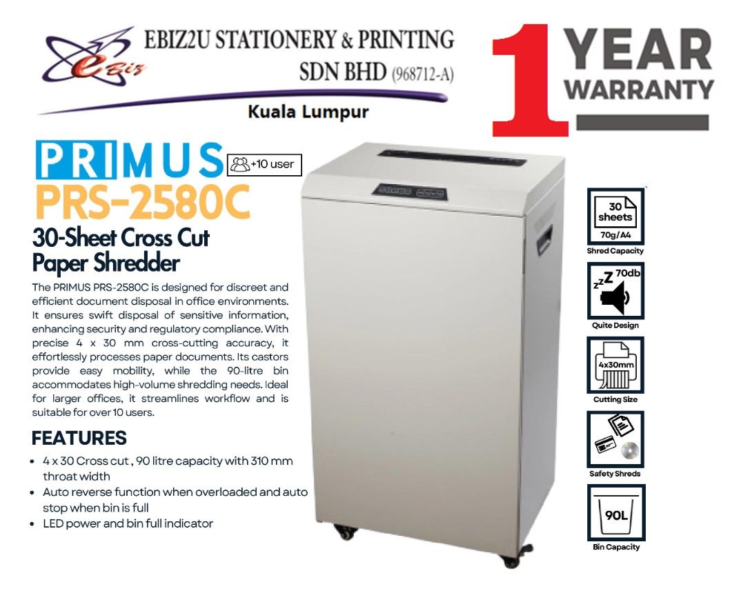 PRIMUS PRS-2580C Departmental Paper Shredder (Shred Capacity: 30 Sheets, Cross Cut: 4x30mm, Bin Capacity: 90 Liters)