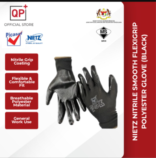 NIETZ NITRILE SMOOTH FLEXIGRIP POLYESTER GLOVE (BLACK) l SARUNG TANGAN l 手套-