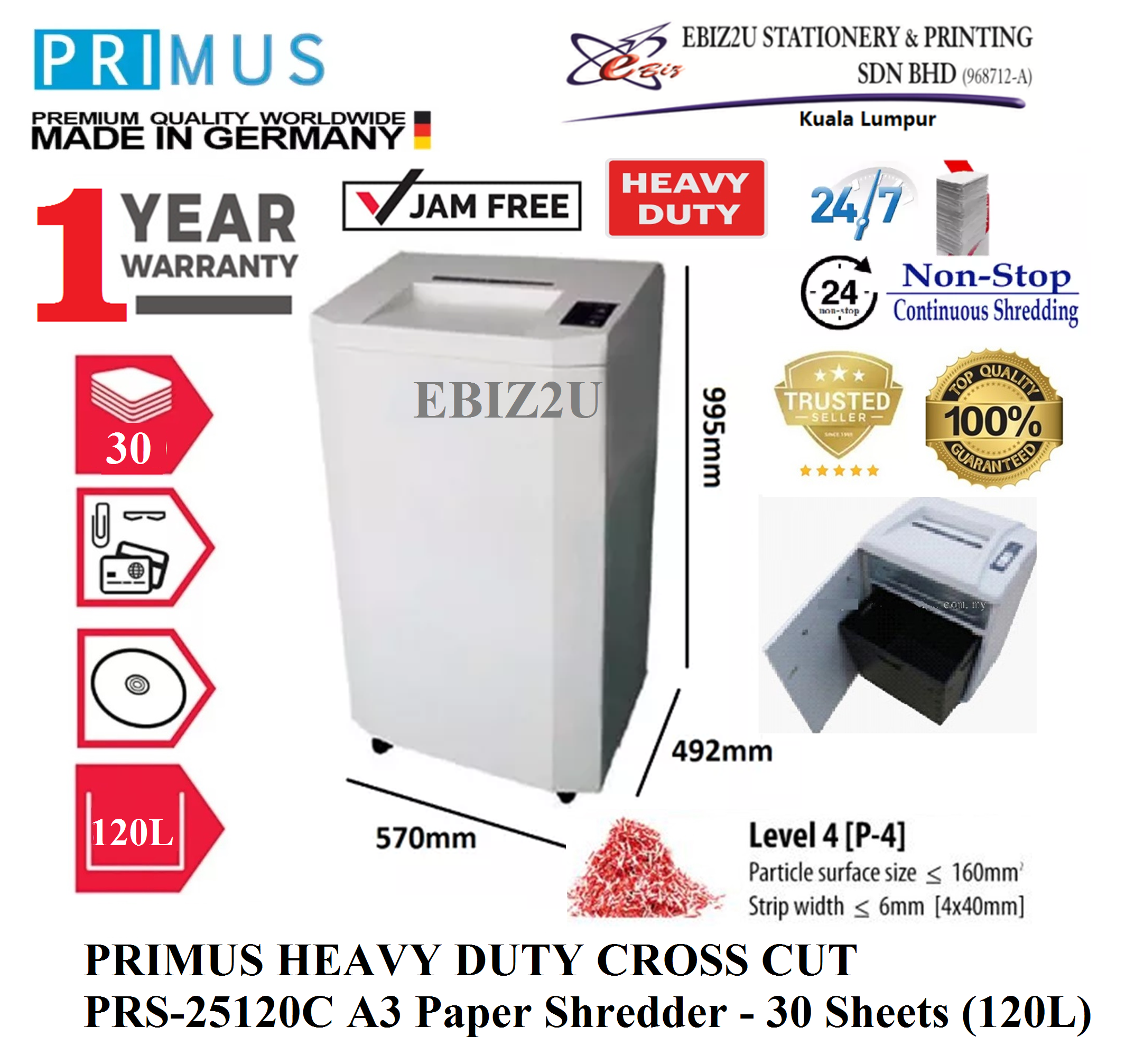PRIMUS PRS-25120C Departmental Paper Shredder (Shred Capacity: 30 Sheets, Cross Cut: 4x40mm, Bin Capacity: 115 Liters)