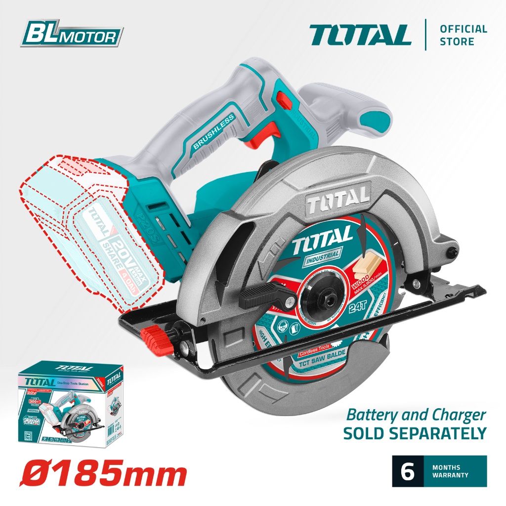 TOTAL LI-ION CIRCULAR SAW (185MM/20V) WITH BRUSHLESS MOTOR & ADJUSTABLE BEVEL ANGLE + TCT SAW BLADE (24T) P20S TSLI1851