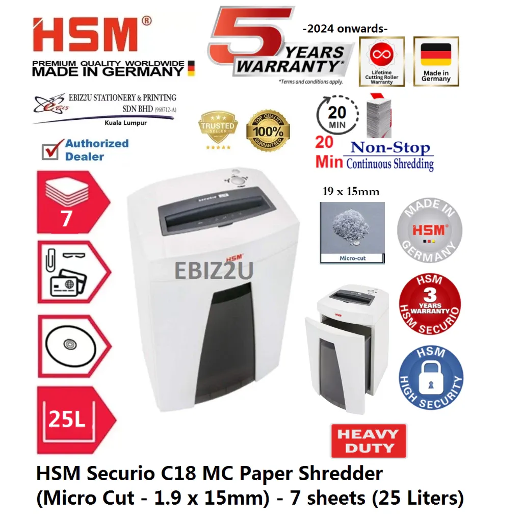 HSM Securio C18 MC Paper Shredder (Micro Cut) 1.9×15 mm - 7 sheets (25 Liters)