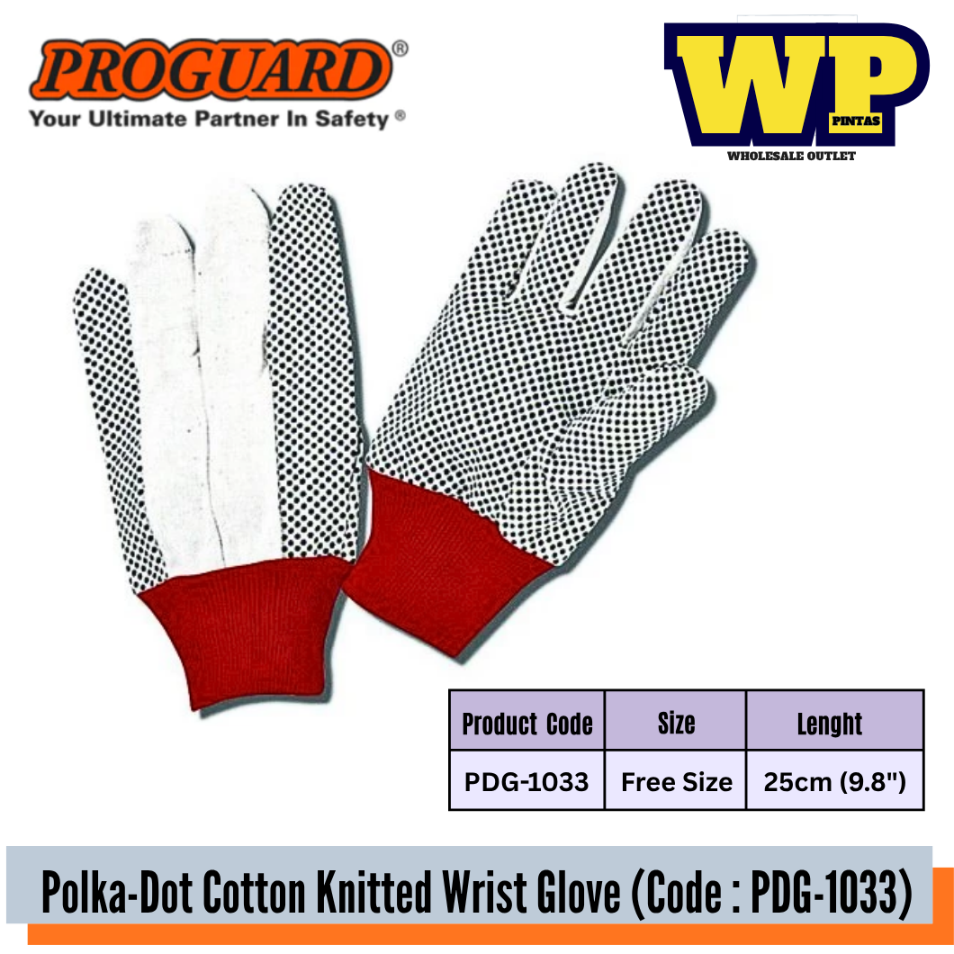 PROGUARD - (12 PAIRS) 9.8" NATURAL COTTON WITH PVC DOTS KNITTED WRIST POLKA-DOT GLOVE / POLKA-DOT GLOVE / GENERAL-PURPOSE GLOVE / GRIP GLOVE / MECHANICAL INDUSTRY GLOVE / AUTOMOTIVE INDUSTRIES GLOVE / COTTON GLOVE / HAND PROTECTION / GLOVE / PDG-1033