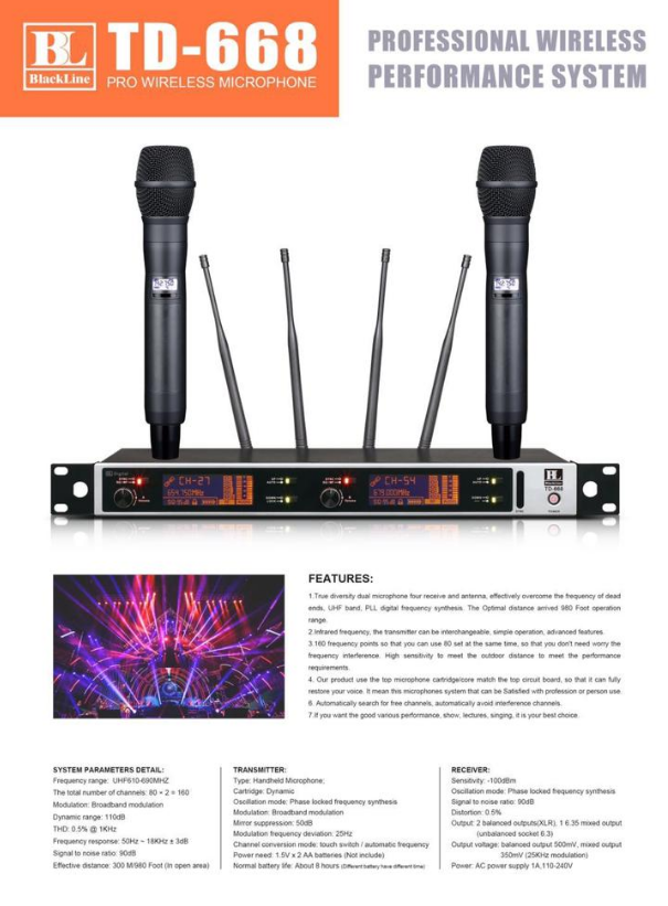 BLACKLINE TD668 (TD-668) DUAL CHANNEL TRUE DIVERSITY HANDHELD WIRELESS MICROPHONE SYSTEM