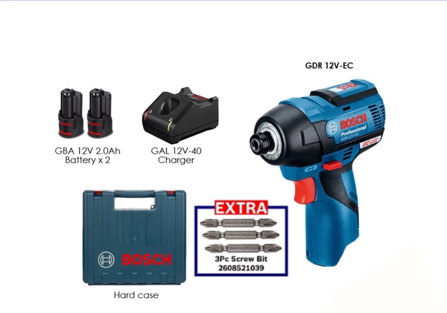 BOSCH GDR 12V-EC Professional Cordless Impact Driver GBA 2.0Ah Battery GAL 1230 CV GDR12V-EC 06019E00L2 (Free Screw Driil Bit)