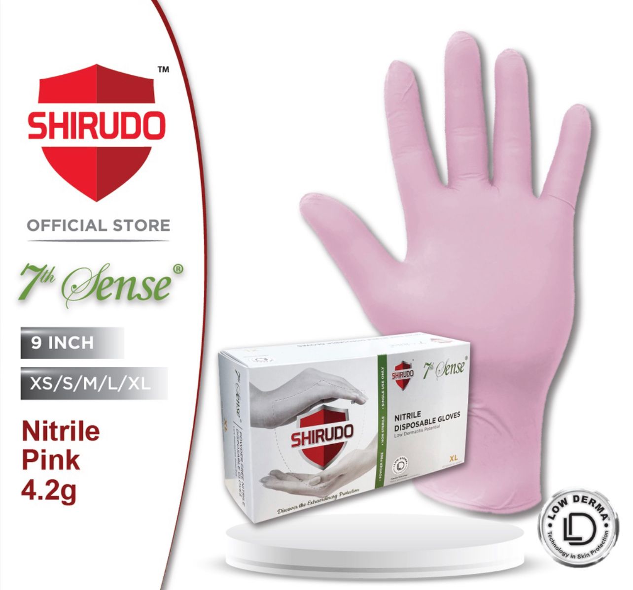 Shirudo Pink Nitrile Disposable Glove - LOW DERMA (9"/4.2g/100 Pcs)