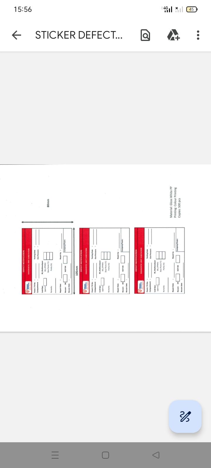 DEFECT NOTIFICATION STICKER SIZE: 105mm X 80 mm( DIAGNOGSTIC UNIT SUBSTATION) TNB- PRE PRINT