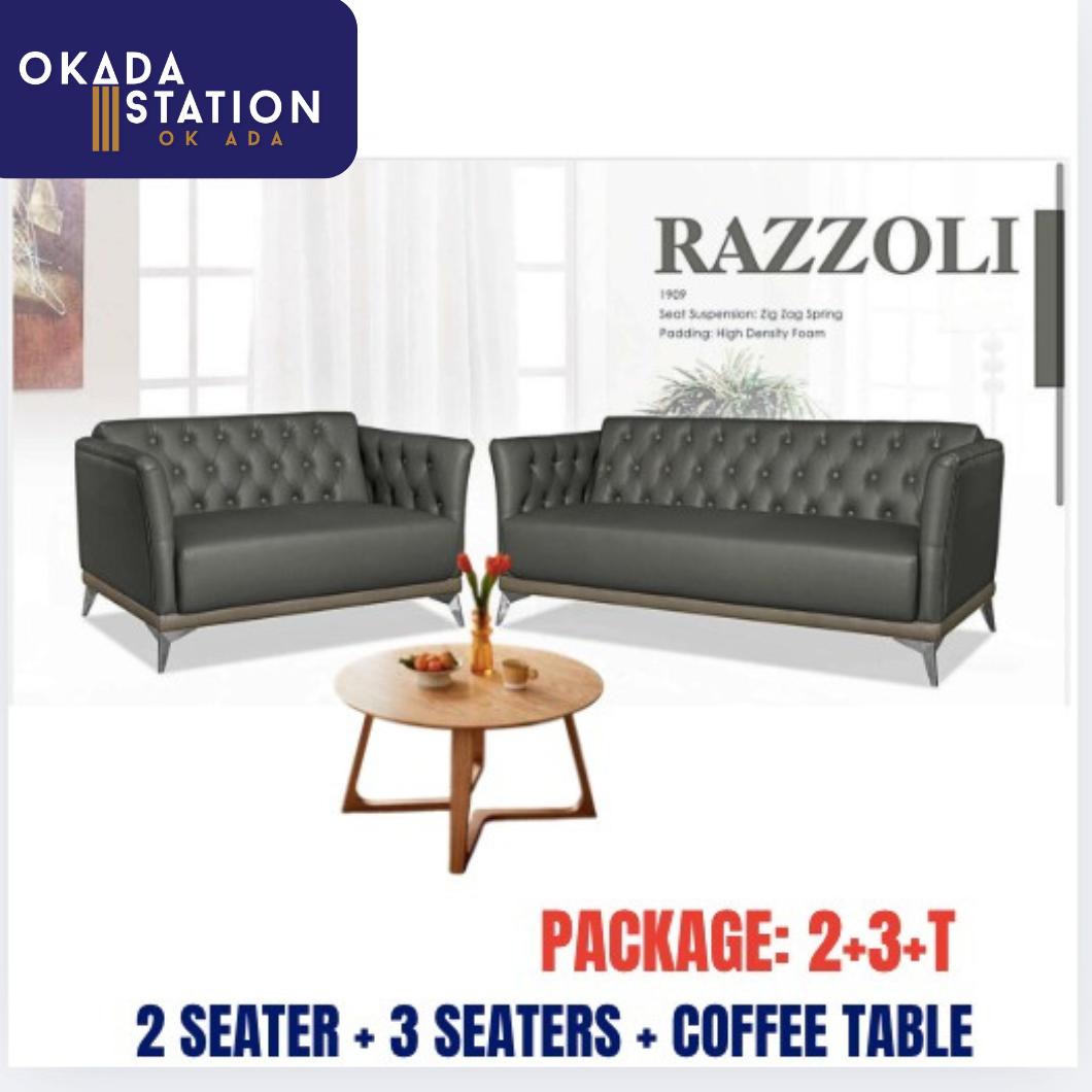 RAZZOLI SERIES OFFICE SOFA SET (2 SEATER + 3 SEATER + COFFEE TABLE) / 2 UNIT SOFA WITH TABLE SET / OFFICE SOFA WITH TABLE / OFFICE SOFA / VISITOR SOFA / SOFA PELAWAT / SOFA PEJABAT / SOFA / PU LEATHER / FABRIC / RAZZOLI 1909