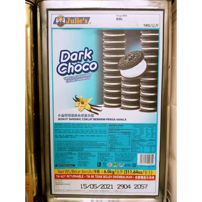 Julie Dark Choco Vanilla Sandwich Tin 6KG