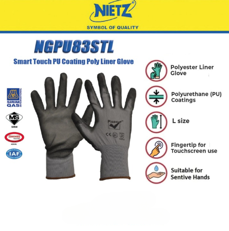 NIETZ NGPU83STL SMART TOUCHSCREEN PU COATING SAFETY GLOVE (SIZE: L) PAIR