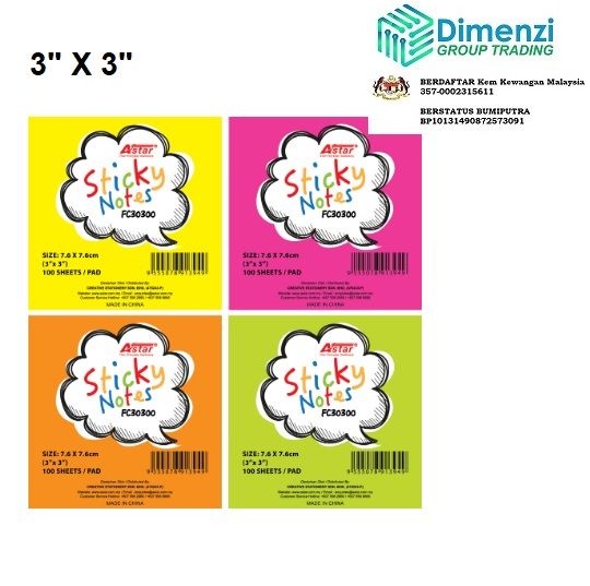 ASTAR NOTE STICKER 3"X3" (STICKY NOTE) -ORANGE,PINK,YELLOW,GREEN