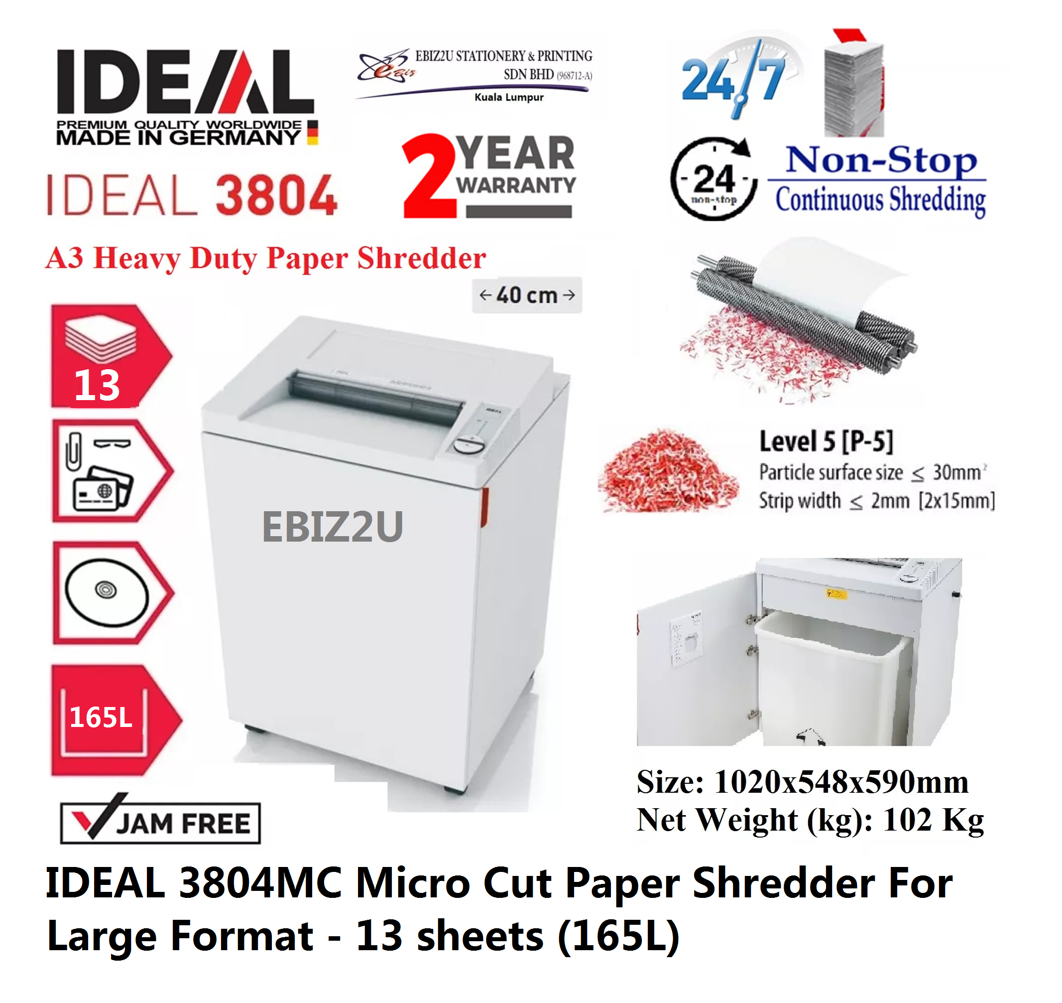 IDEAL 3804 MC Micro Cut Paper Shredder For Large Format - 13 sheets (165L) (Non Stop Paper Shredder, Shredder Machine, A3 Paper Shredder, Office Shredder, Mesin Penghancur Kertas, Heavy Duty Shredder, Heavy Duty Paper Shredder)