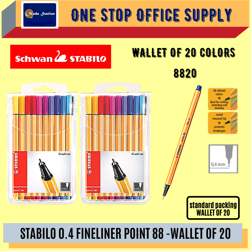 STABILO 0.4MM FINELINER POINT 88 -20 COLORS / Stabilo / Fineliner Point / Stabilo 0.4MM Fineliner Point / Stabilo Pen / Stabilo Wallet Of 20