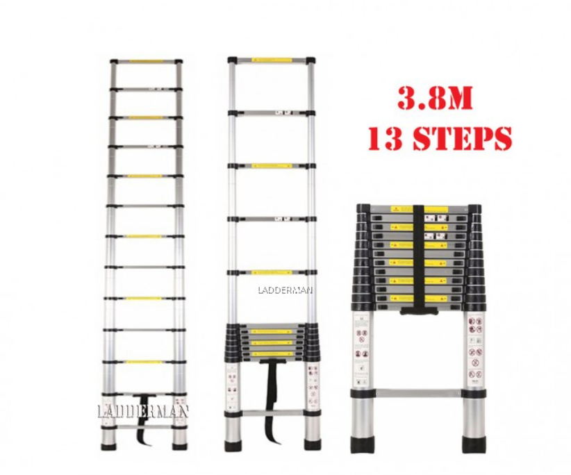 HIGH QUALITY ALUMINIUM TELESCOPIC EXTENDABLE LADDER 3.8M WITH 13 STEPS