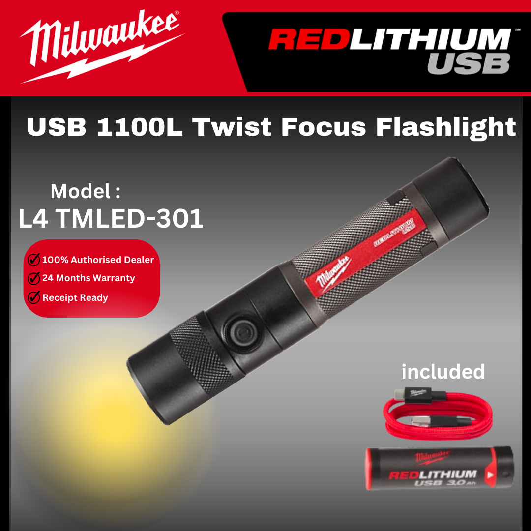 Milwaukee USB 1100L Twist Focus Flashlight / L4 TMLED-301 / Milwaukee Torch light / Flashlight / Hand torch Light / Work Light / Lampu Kerja / Milwaukee Light / Milwaukee Lampu