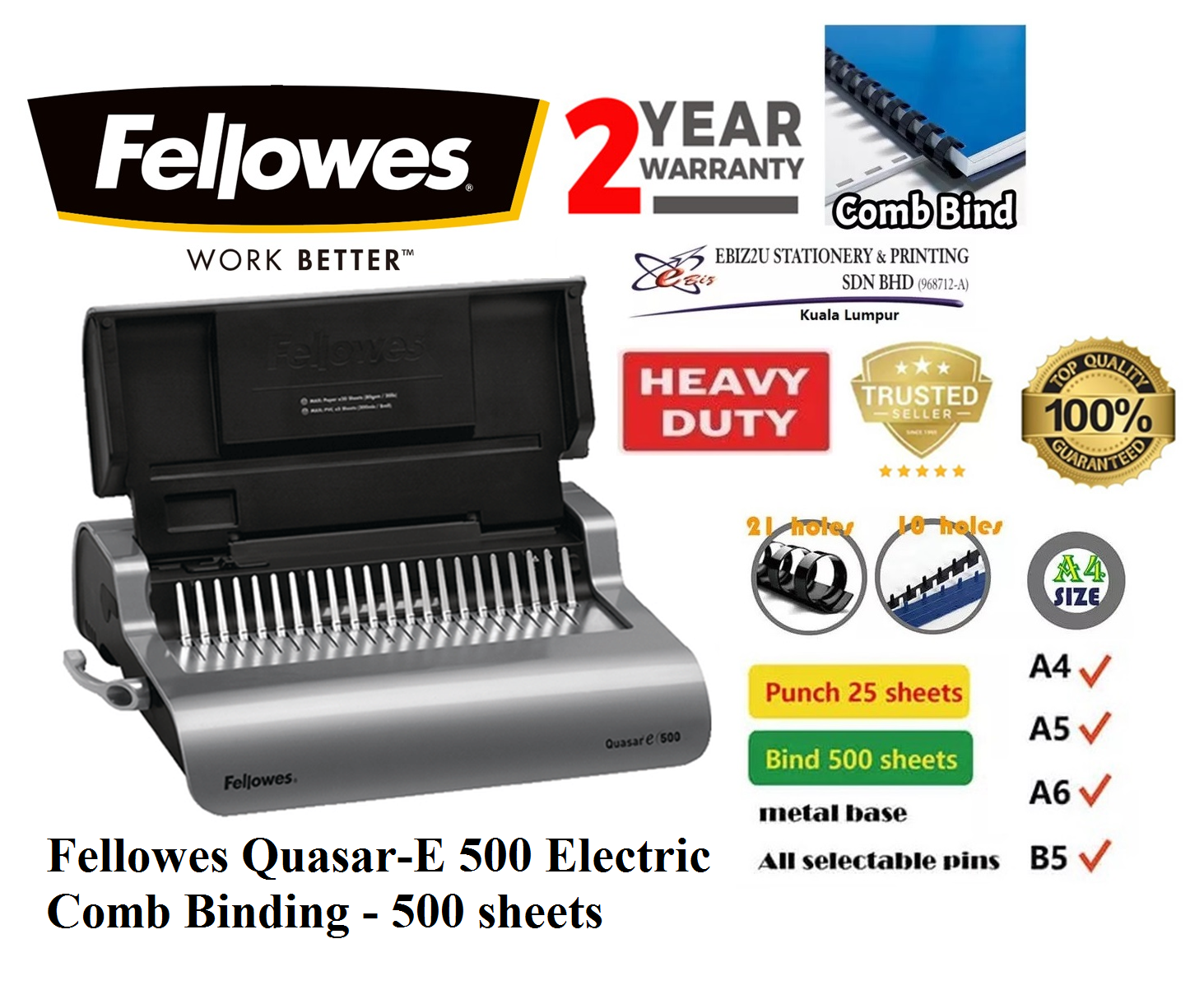Fellowes Quasar E-500 Electric Comb Binding Machine- 500 sheets electric binding machine, heavy duty binding machine, electric Comb binding machine best binding machine, electric binder, electric comb)