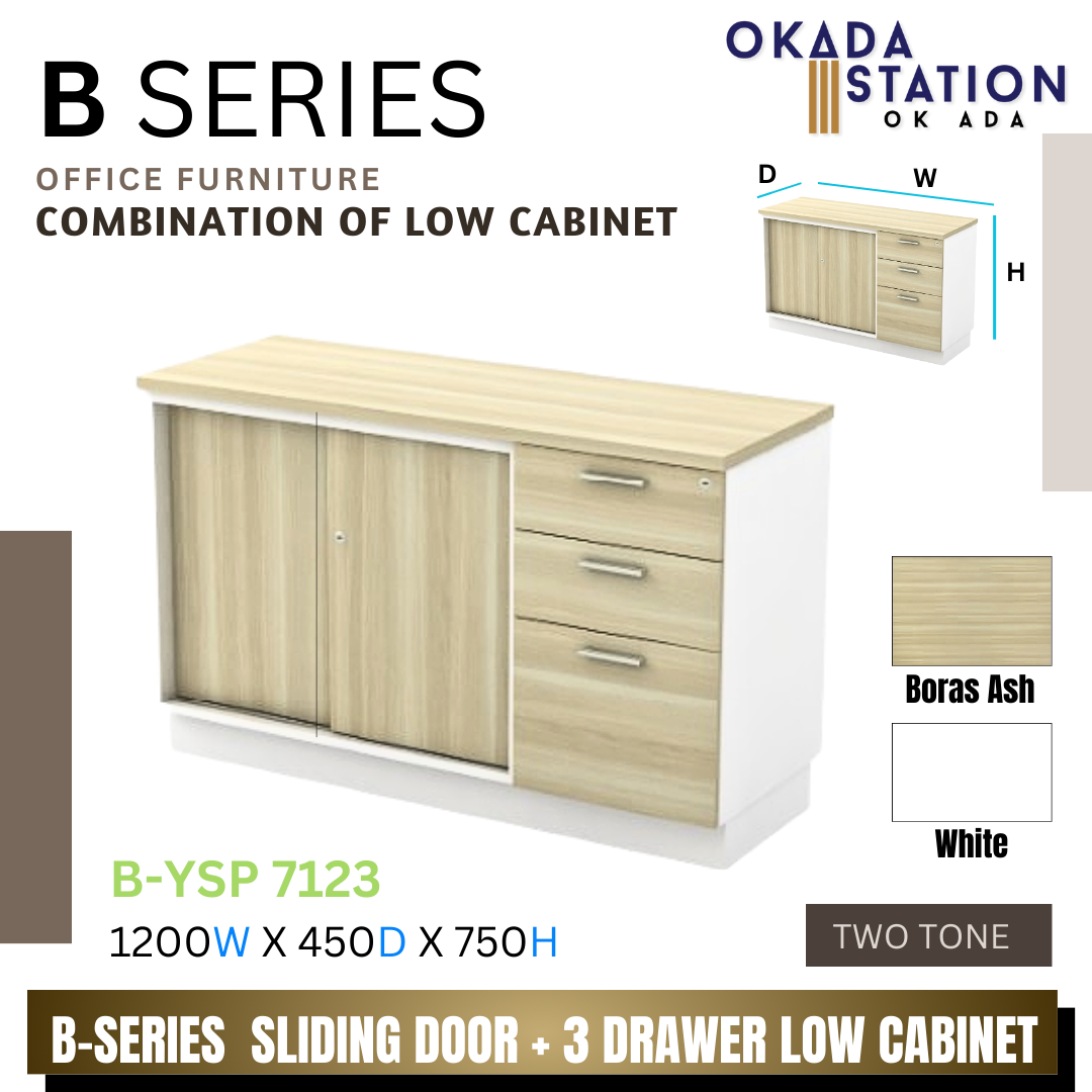 VS B SERIES SLIDING DOOR + 3 DRAWER FIXED PEDESTAL COMBINATION LOW CABINET- (B-YSP 7123) / B SERIES / WOODEN COMBINATION LOW CABINET / COMBINATION LOW CABINET / LOW CABINET / SLIDING DOOR + FIXED PEDESTAL 2D1F / CABINET