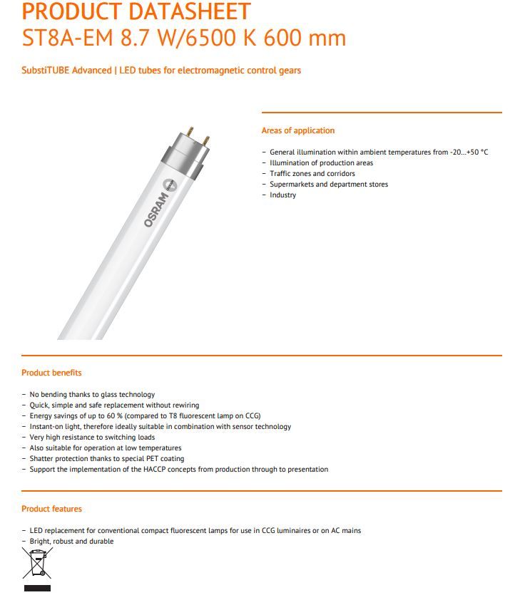 OSRAM ST8A-EM 8.7W 220-240V 1050LM 2FEET LED T8 TUBE [10s]