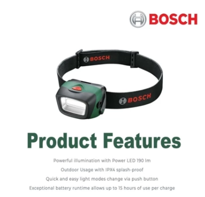 BOSCH LED Camping Outdoor Headlamp Headlight Flashlight 190Lm IP4X 1600A0307X Head Lamp Head Light Head Torch