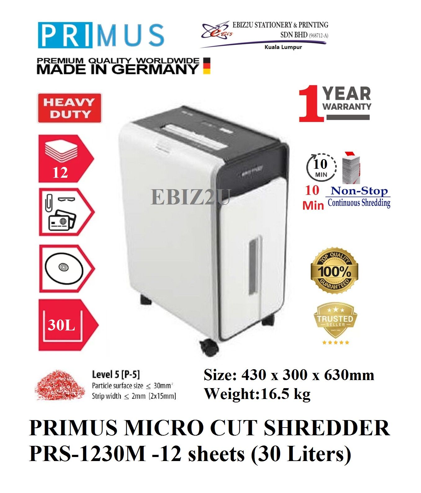PRIMUS MICRO CUT SHREDDER PRS-1230M -12 sheets (30 Liters) Micro Cut, Paper Shredder, Shredder Machine, Office Shredder, Heavy Duty Shredder, Mesin Penghancur Kertas)