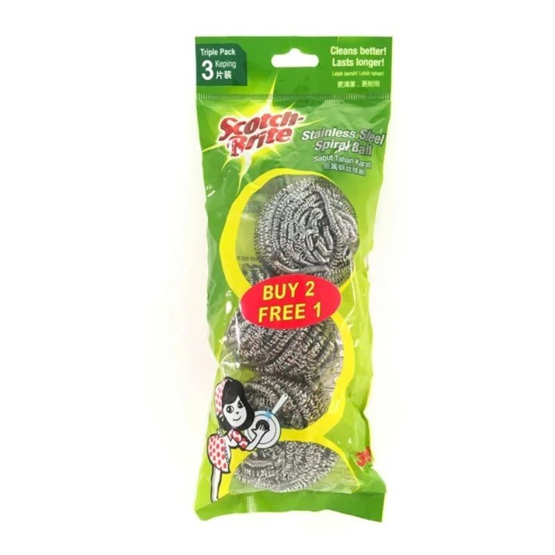 3M Scotch Brite Stainless Steel Metallic Durable Spiral Ball (3pcs/pack)