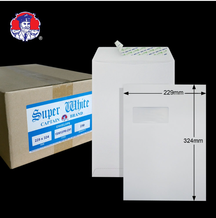 9"X12.75" SUPER WHITE 100GM WHITE WINDOW P&S POCKET ENVELOPE (250'S X 4 BOXES)