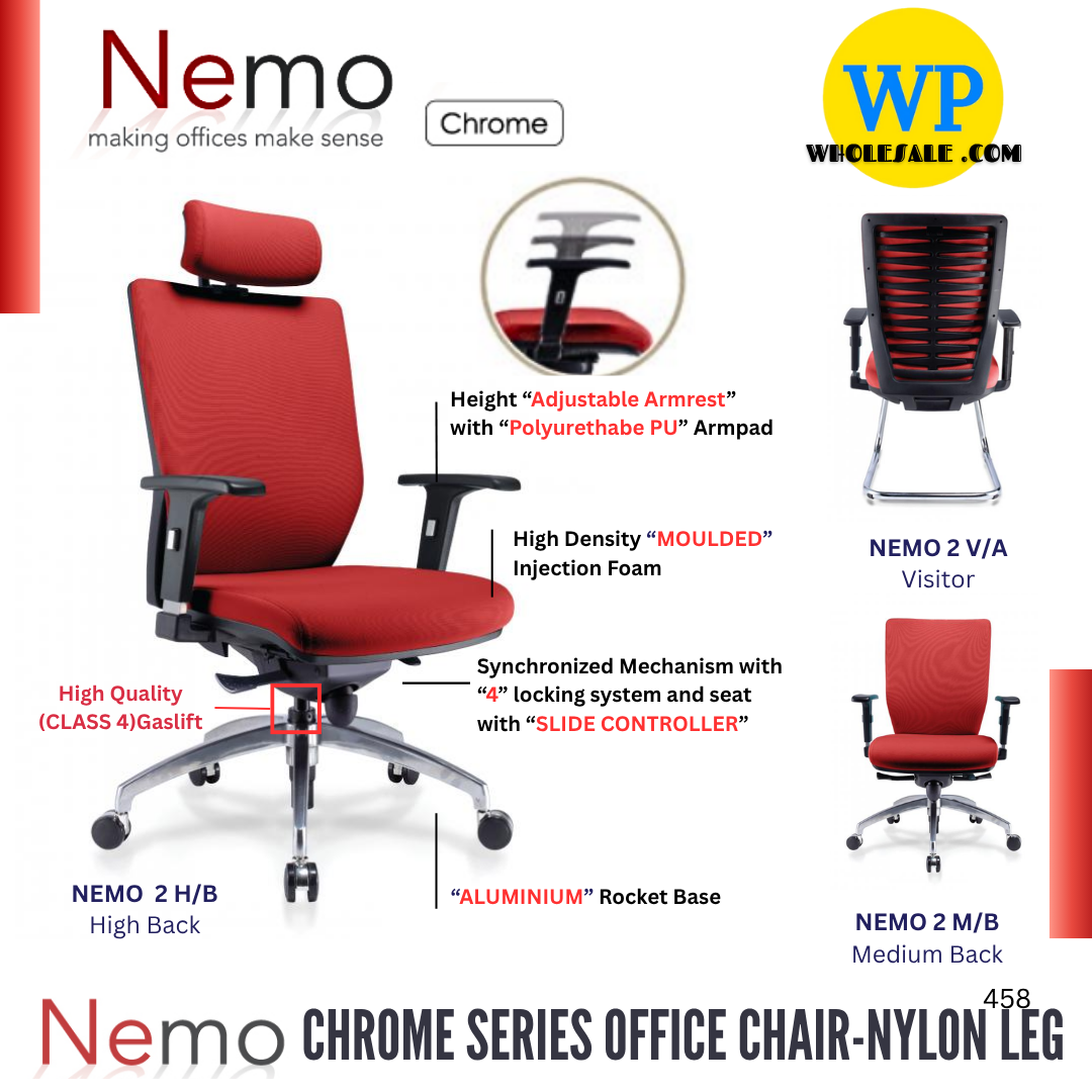 CLASSIC CHAIR NEMO 2 ERGONOMIC OFFICE CHAIR - ALL SIZE / CHROME SERIES / OFFICE CONFERENCE CHAIR / OFFICE SWIVEL CHAIR / ERGONOMIC CHAIR / EXECUTIVE CHAIR / DIRECTOR CHAIR / OFFICE CHAIR / ALUMINIUM BASE / FABRIC / PU LEATHER / NEMO 2