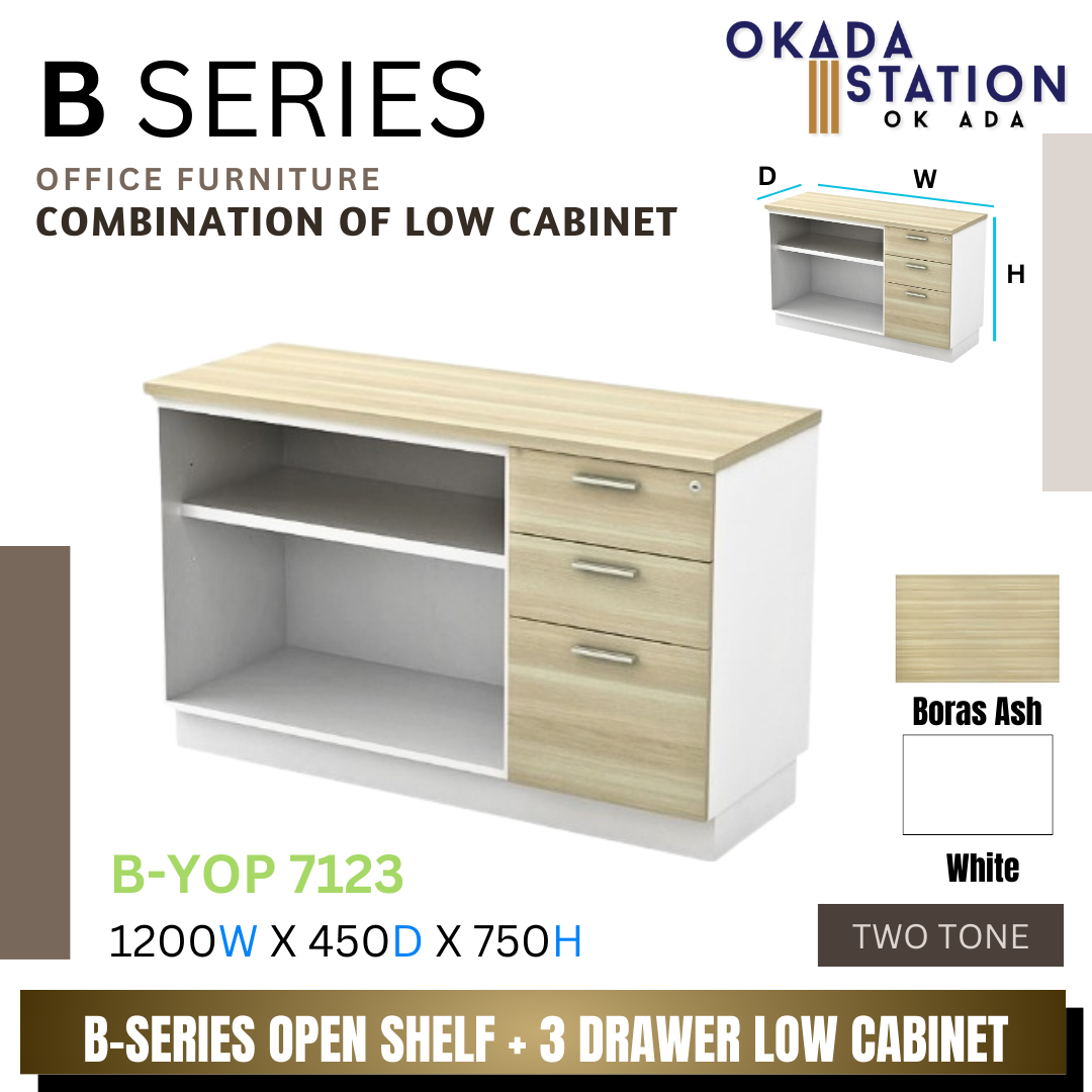 VS B SERIES OPEN SHELF + 3 DRAWER FIXED PEDESTAL COMBINATION LOW CABINET- (B-YOP 7123) / B SERIES / WOODEN COMBINATION LOW CABINET / COMBINATION LOW CABINET / LOW CABINET / OPEN SHELF + FIXED PEDESTAL 2D1F / CABINET