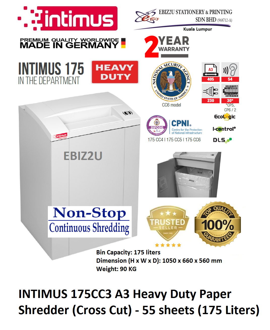 INTIMUS 175 CC3CP4 Paper Shredder (Shred Capacity: 50-55 Sheets, Cross Cut: 4x46mm, Bin Capacity: 175 Liters)_Made in Germany
