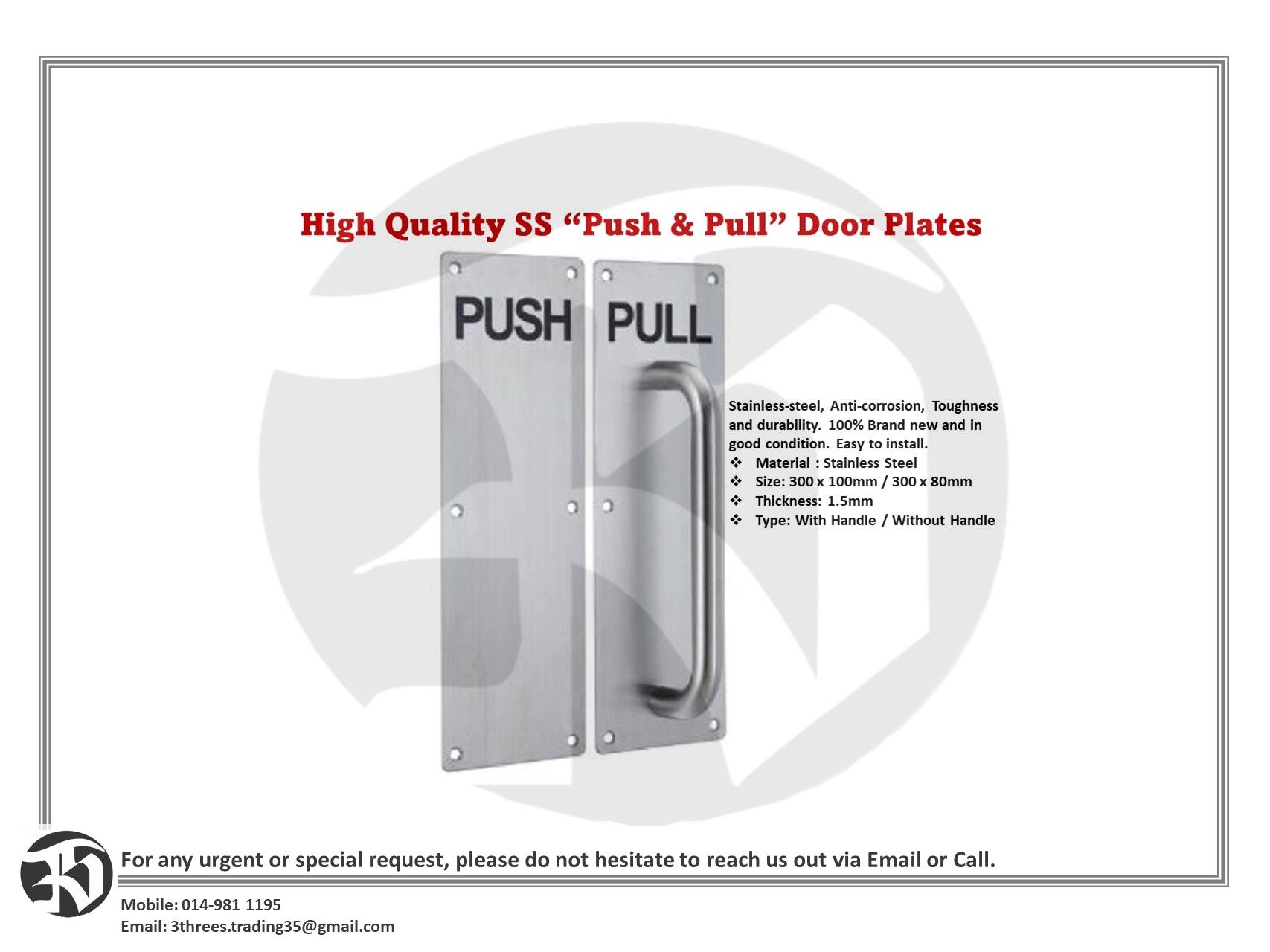 High Quality SS “Push & Pull” Door Plates
