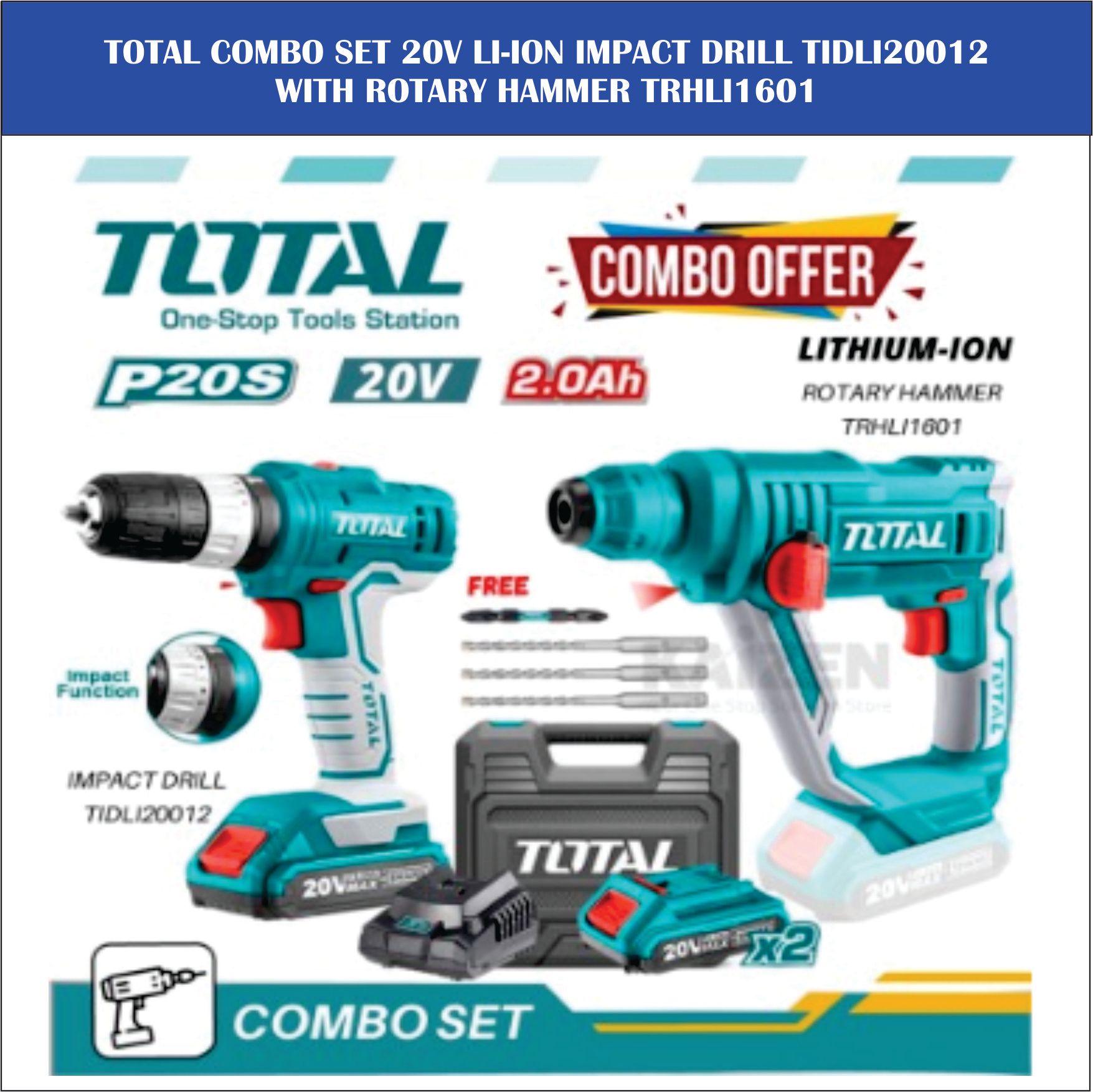 TOTAL UPRADE MODEL 20V TIDLI20668+TRHLI20188 CORDLESS DRILL - COMBO SET