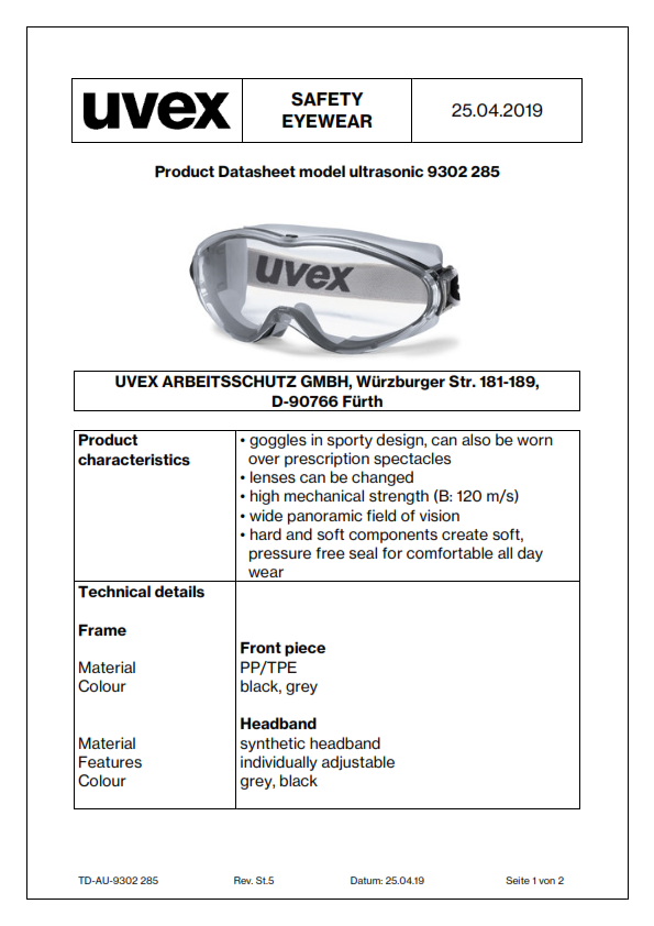 UVEX Ultrasonic Safety Goggles