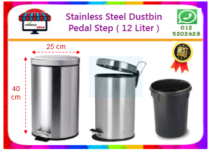 Stainless Steel Dustbin ( 12 Liter ) / Step Pedal Dustbin / Waste Bin / Tong Sampah / Bakul Sampah # Buatan Malaysia # RP0740 ( KTT : 1 Unit )