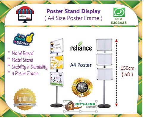 RELIANCE A4 Poster Stand With Poster Frame x 3 / Display Rack - A4 Size Poster / Rak Pameran Iklan Poster # Matel Based # 5 Kaki Ketinggian # Buatan Malaysia # Writebest WP-E04 # Produk Malaysia # RP0317 ( KTT : 1 Unit )