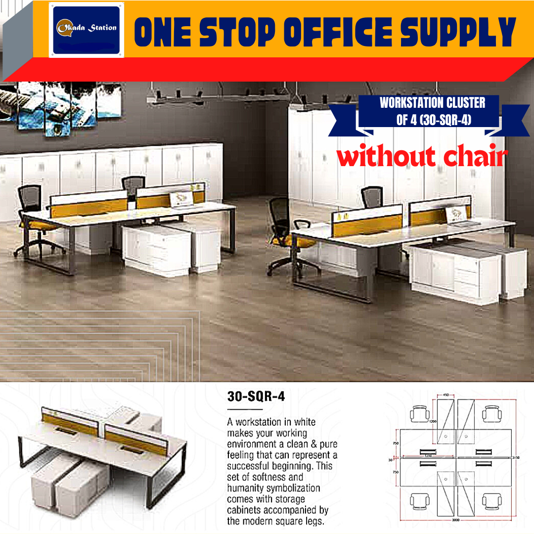 VS WORKSTATION SET CLUSTER OF 4 (WITHOUT CHAIR) -( 30-SQR-4 ) / WORKSTATION / 30-SYSTEM / CLUSTER OF 4 / 30-SQR-4 / TABLE TOP PANEL / OFFICE TABLE / 4 SEAT / OFFICE TABLE WITH PARTITION