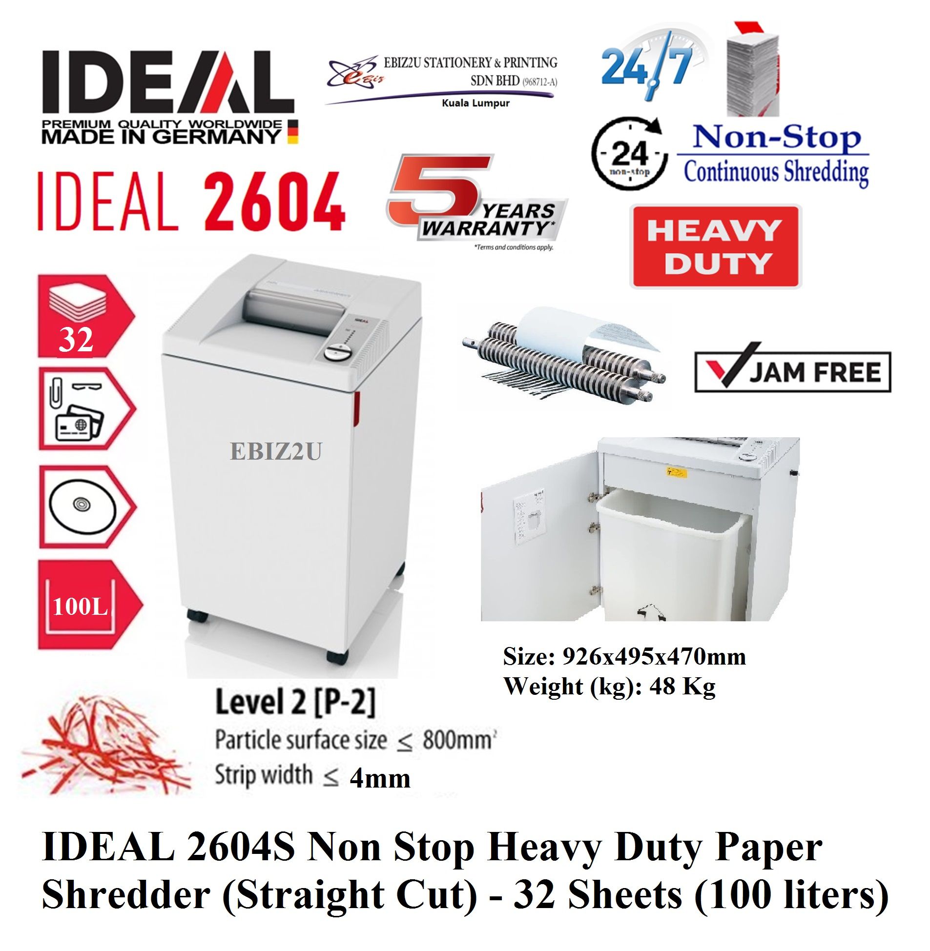 IDEAL 2604S Non Stop Heavy Duty Paper Shredder (Straight Cut) - 32 Sheets (100 liters) - 2604 (non stop, Strip Cut, Straight Cut, Paper Shredder, Shredder Machine, Office Automation, Mesin Penghancur Kertas, Heavy Duty Shredder, Heavy Duty Paper Shre