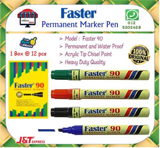 Faster 90 Permanent Marker Pen / Faster Marker # Waterproof Chisel Point # RP0964 ( KTT : 1 Kotak @ 12 Batang )