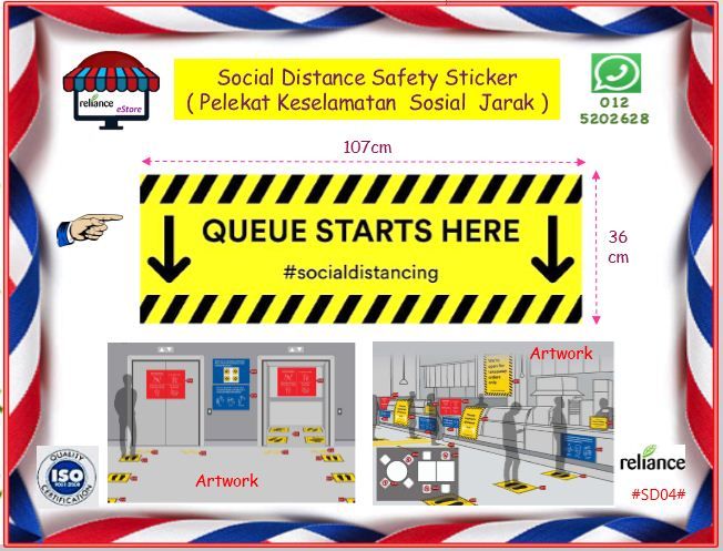 Social Distance Safety Sticker / Social Distancing Sticker / Pelekat Tanda Keselamatan Sosial Jarak # Size : 107cm x 36cm # SOP Safety Label Sticker # SD04 # RS1598 ( KTT : 1 Keping )