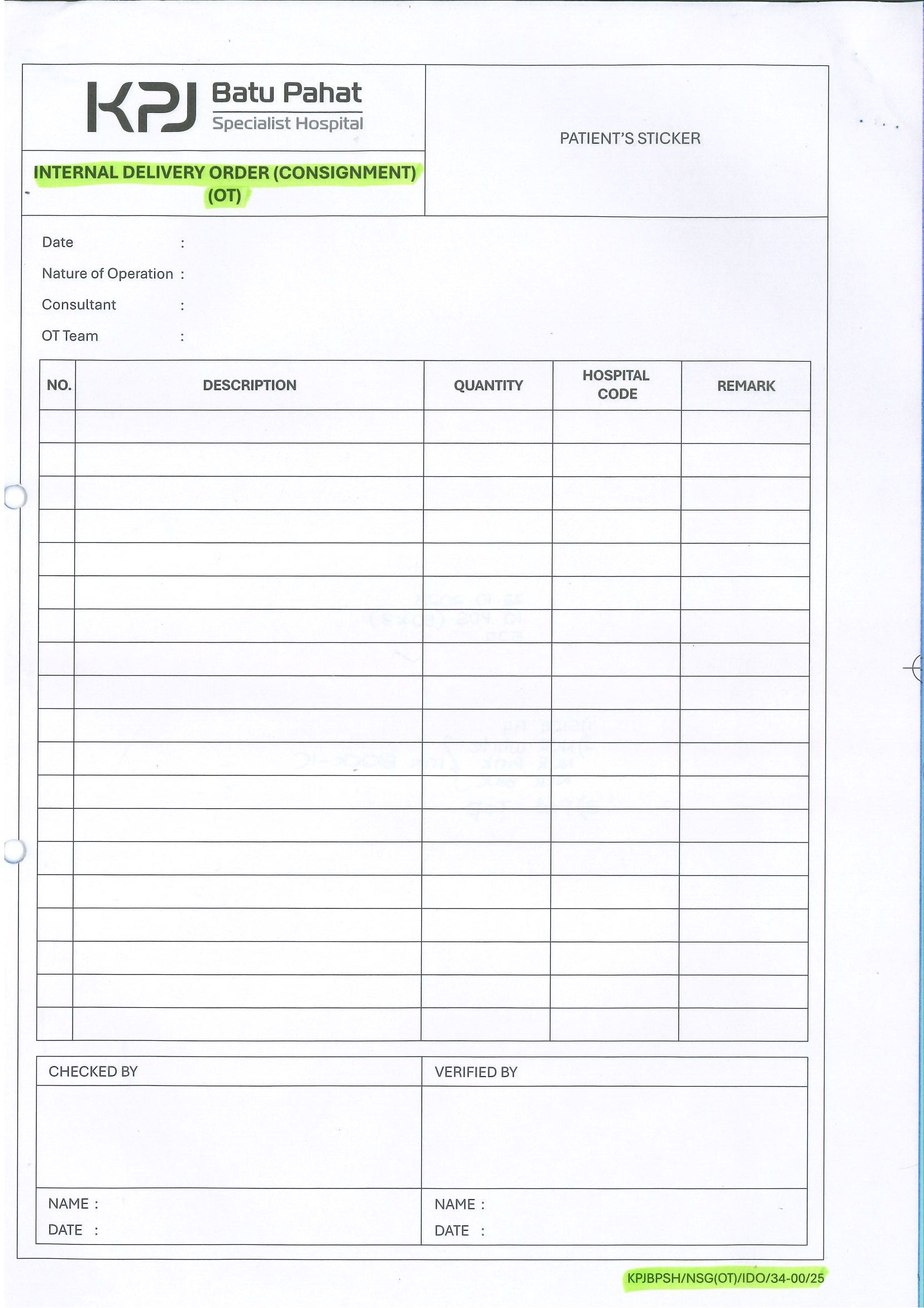 Internal Delivery Order (Consignment) (OT)