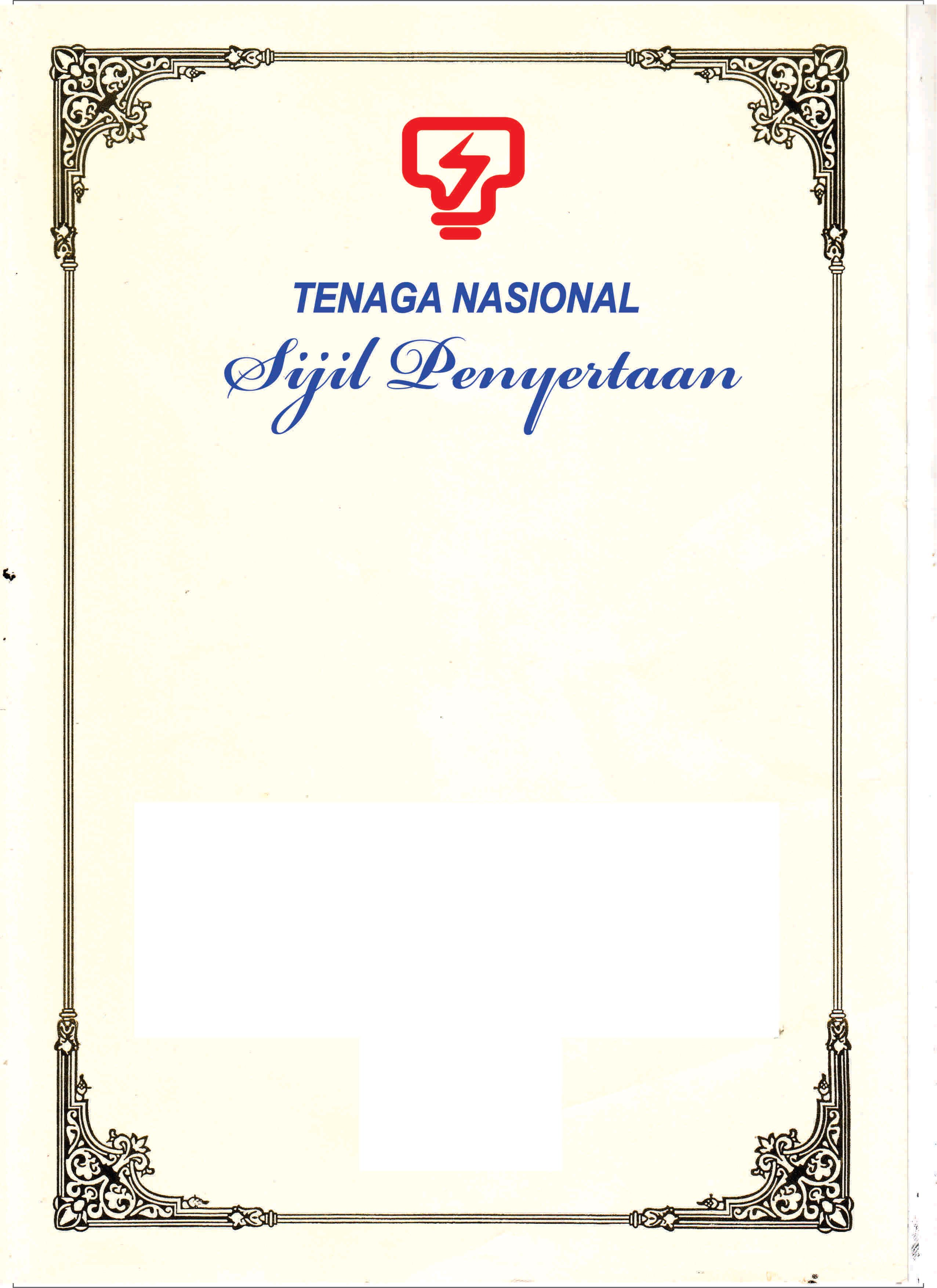 OCHA CERTIFICATE TNB PENYERTAAN & PENGHARGAAN WITH LOGO STAMPING - 1 PACK=100 PCS