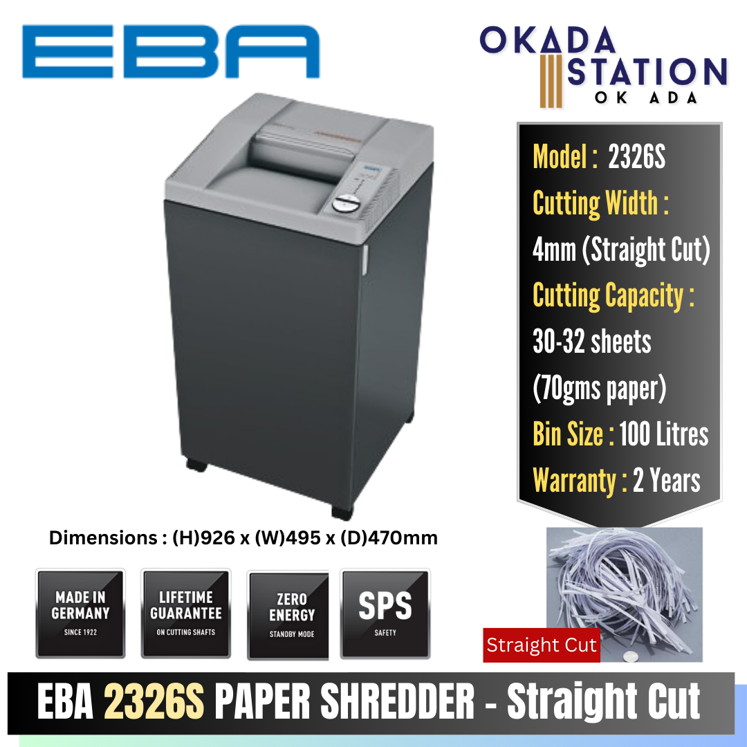 EBA Heavy Duty Paper Shredder 2326S / 2326C - (Straight Cut) (Cross Cut) / EBA / Paper Shredder / Paper Shredding Machine / Shredder / Heavy Duty / Straight-Cut / Cross-Cut / 2326S / 2326C / Mesin Pencincang