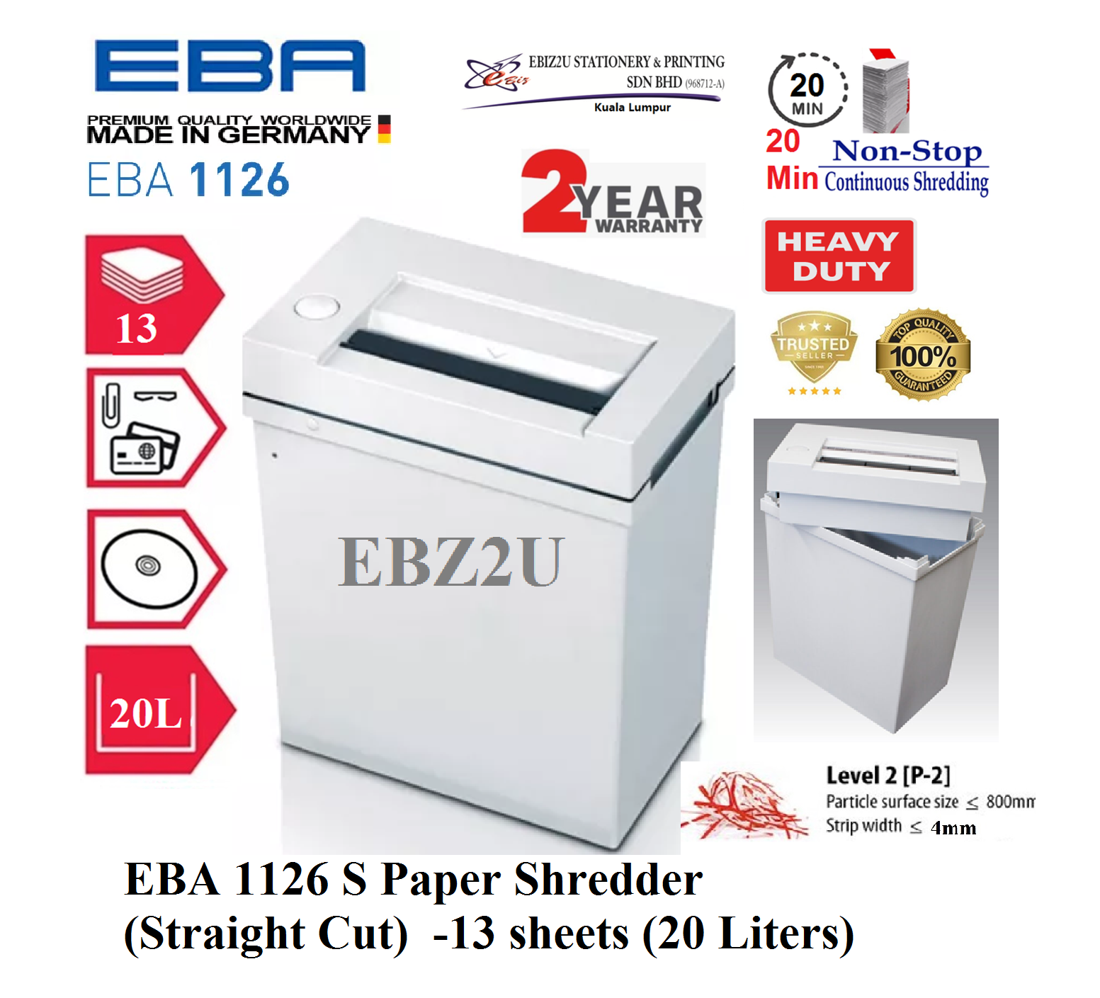 EBA 1126 S Paper Shredder (Straight Cut) 20 mins non stop -13 sheets (20 Liters) 1126S Strip Cut, Straight Cut, Paper Shredder, Shredder Machine, Office Automation, Office Shredder, Mesin Penghancur Kertas, Heavy Duty Shredder, Heavy Duty Paper Shred