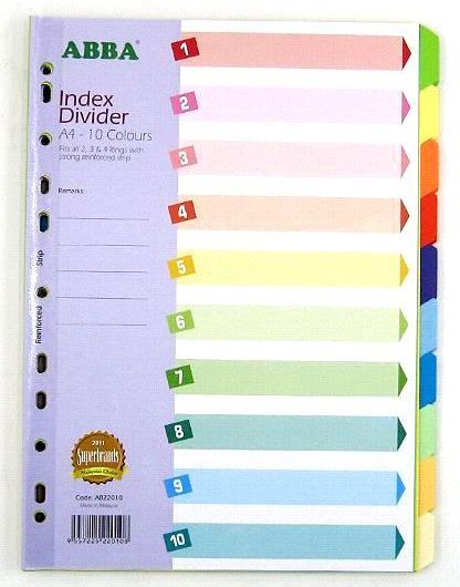 ABBA COLOUR INDEX DIVIDER A4 10 COLOUR